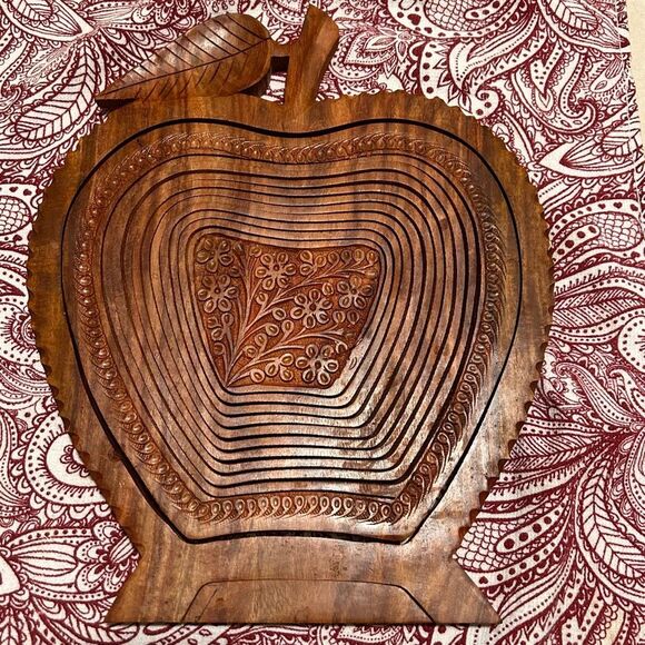 Vtg Wood Collapsible Apple Basket Folding Fruit Bowl Rustic Trivet Kitchen Decor - Picture 6 of 6